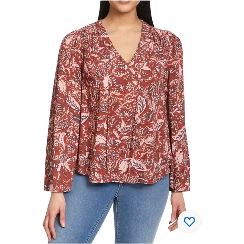 essica Simpson Ladies Woven Top Boho Flowy Size Large Mother Nature Floral‎ L/S